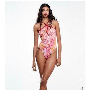 Zara Retro Swirl Halter Bodysuit NWT Pink Orange Jacquard Keyhole Size S